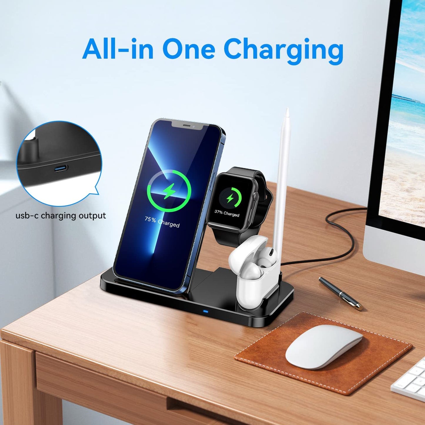 Incarcator wireless 4 in 1, statie de incarcare 15W Qi Fast Charge universal, compatibil Apple Watch si iPhone 12/12 Pro/SE/11/11pro/X/XS/XR/Xs Max, Samsung Galaxy S10 Plus, S10, S10E, S9 Plus