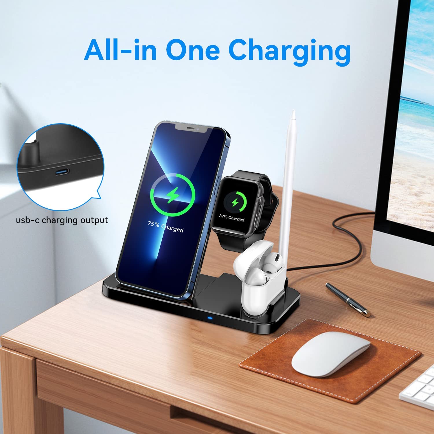 Incarcator wireless 4 in 1, statie de incarcare 15W Qi Fast Charge universal, compatibil Apple Watch si iPhone 12/12 Pro/SE/11/11pro/X/XS/XR/Xs Max, Samsung Galaxy S10 Plus, S10, S10E, S9 Plus