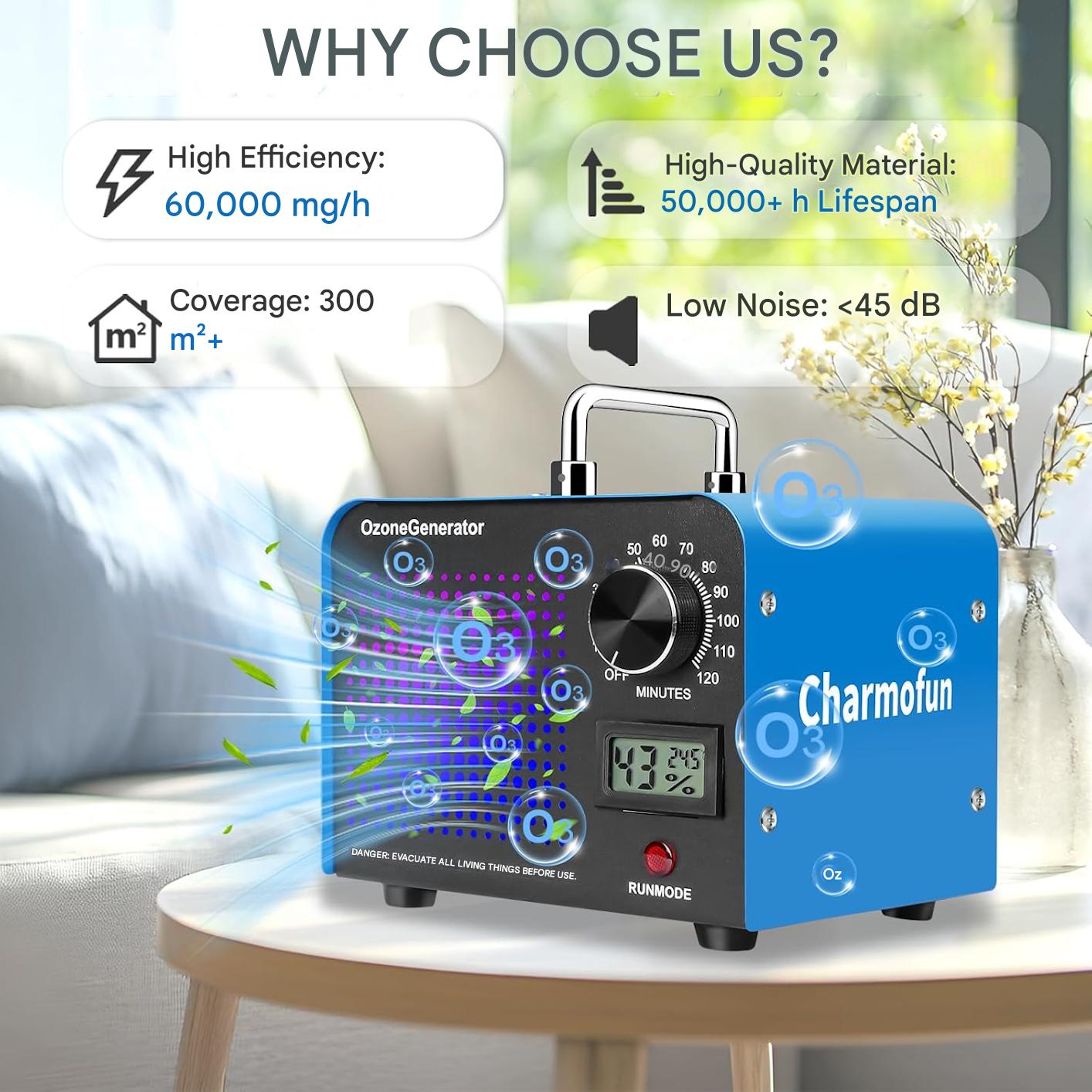 Generator profesional de ozon, 60.000 mg/h, temporizator 120 min, sterilizare, dezinfectare, cu afisaj temperatura si umiditate, purificator de aer O3 pentru masina, casa, bucatarie si zone cu animale – albastru