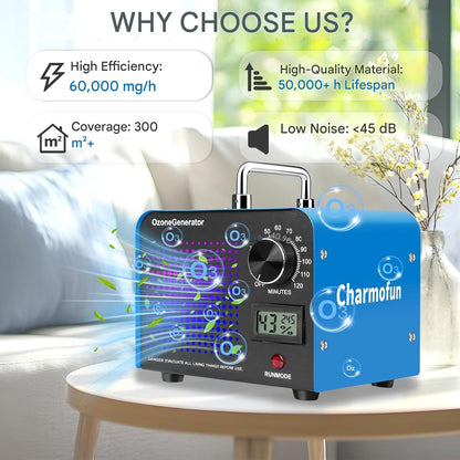 Generator profesional de ozon, 60.000 mg/h, temporizator 120 min, sterilizare, dezinfectare, cu afisaj temperatura si umiditate, purificator de aer O3 pentru masina, casa, bucatarie si zone cu animale – albastru