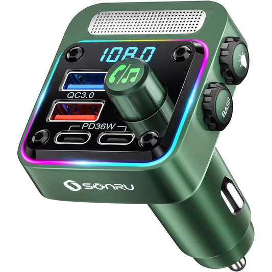 Modulator FM Bluetooth 5.3 SONRU pentru masina, incarcare rapida PD 36W si QC 3.0 18W, hands-free, HiFi Bass, redare USB/U-Disk, lumini LED 7 culori, apeluri wireless, compatibil iPhone, Samsung, Xiaomi, USB-C si USB-A