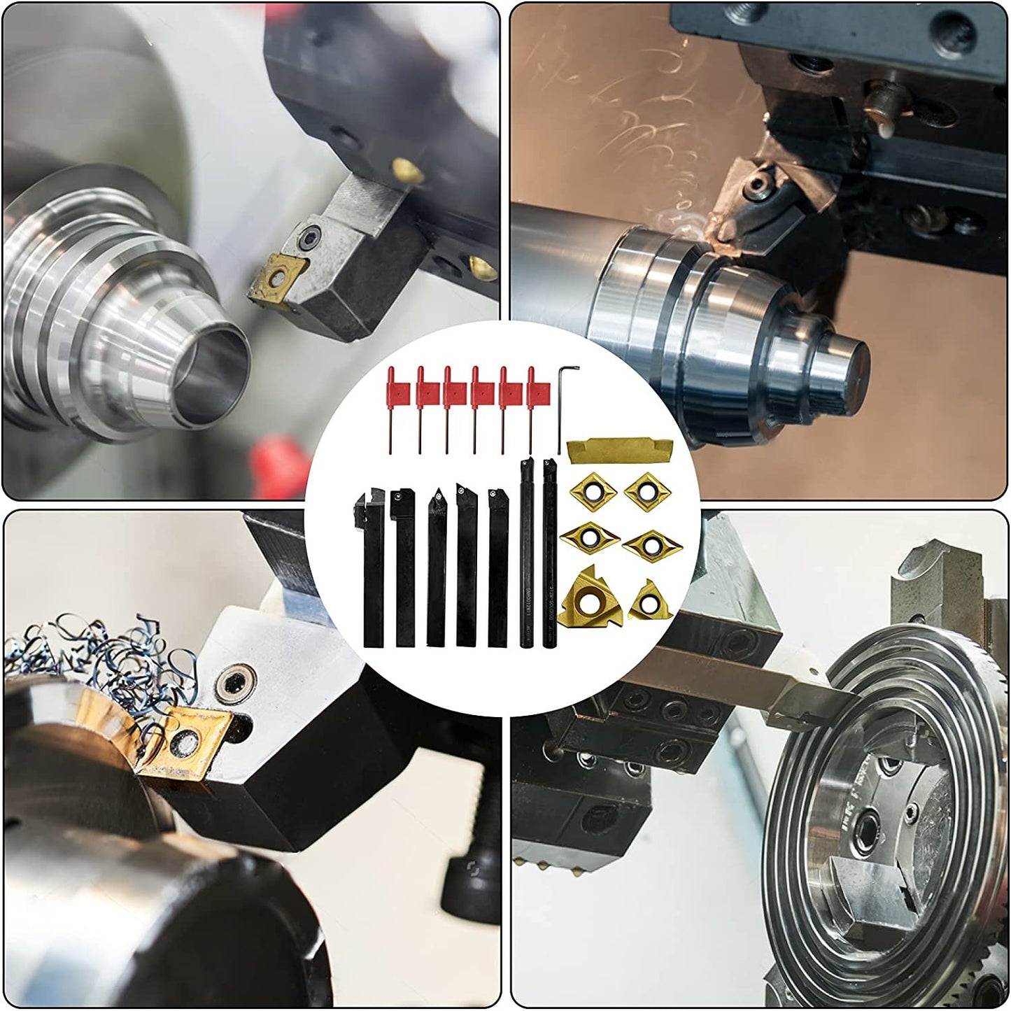 Set cutite de strung cu placute amovibile, 7 pese de strunjit cu insertii din carbura 12 mm cu bara de gaurit si 7 chei T8