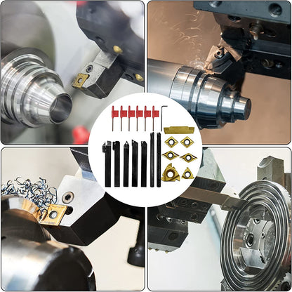 Set cutite de strung cu placute amovibile, 7 pese de strunjit cu insertii din carbura 12 mm cu bara de gaurit si 7 chei T8