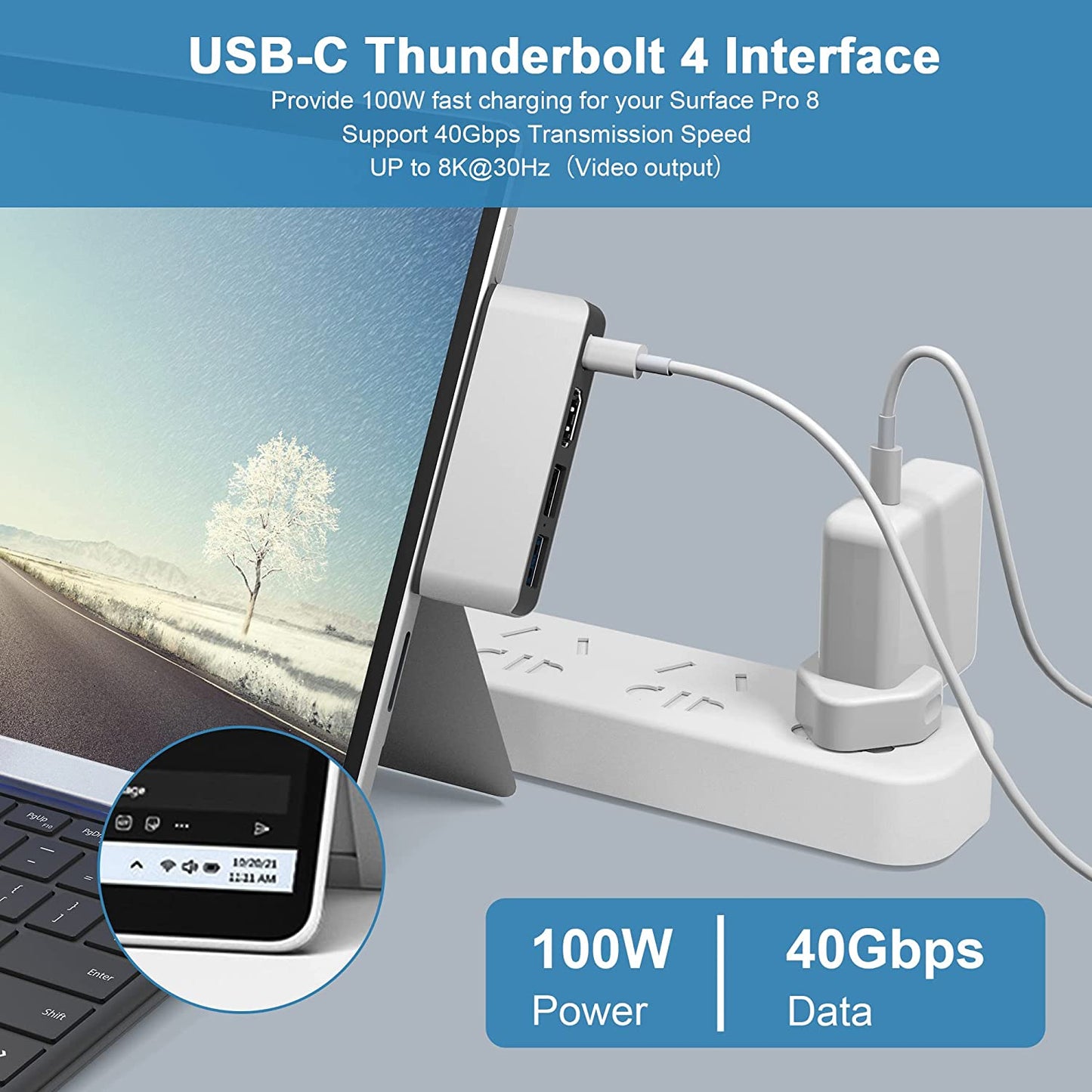 Hub adaptor USB C pentru Surface Pro 8, cu USB C Thunderbolt, HDMI 4K, USB 3.0, USB 2.0, Slot card TF, statie de andocare pentru monitor dual