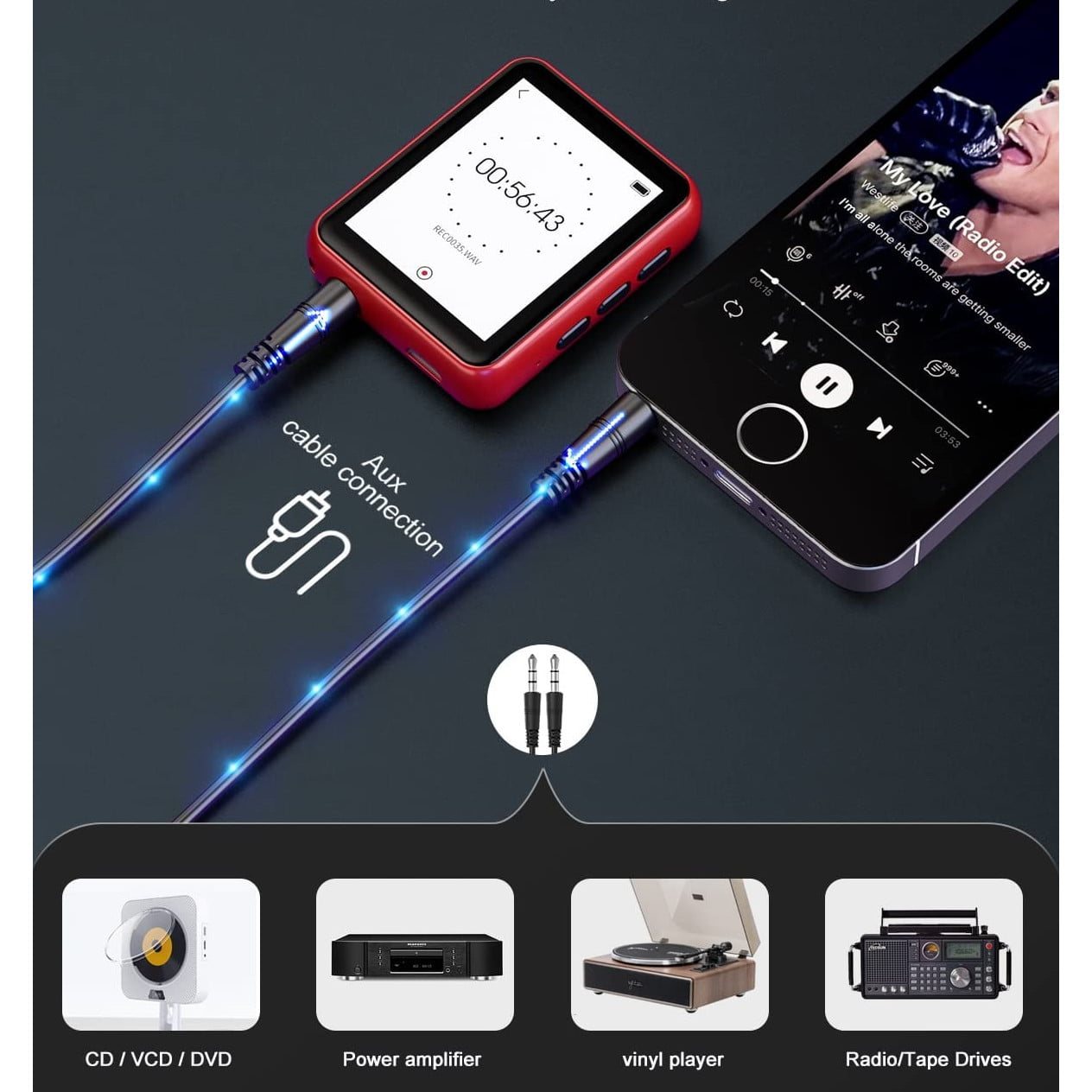 MP3 Player 32 Gb cu Bluetooth 5.0, sunet HiFi fara pierderi, cu difuzor integrat, Radio FM, inregistrare voce, touchscreen de 1,8 inch, accepta card de pana la 128 Gb, rosu