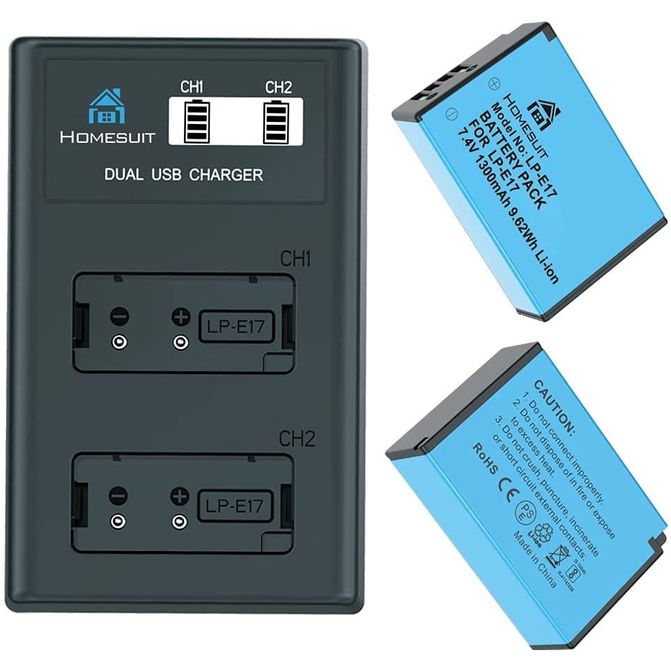 Set de 2 acumulatori 1300mAh LP-E17 si incarcator dublu cu display LCD, pentru Canon Rebel SL3, SL2, T8i, T7i, T6i, T6s, EOS M3, M5, M6, EOS 200D, 77D, 750D, 760D, 800D, 800D