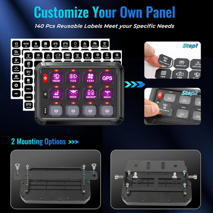Kit panou comutator auto cu 12 butoane, 12-24V, LED RGB cu reglare automata, control prin aplicatie, moduri comutare, momentar, stroboscop, releu integrat, intrerupator ON/OFF 65A, Impermeabil IP65, pentru masina, camion, barca, SUV, Off-Road