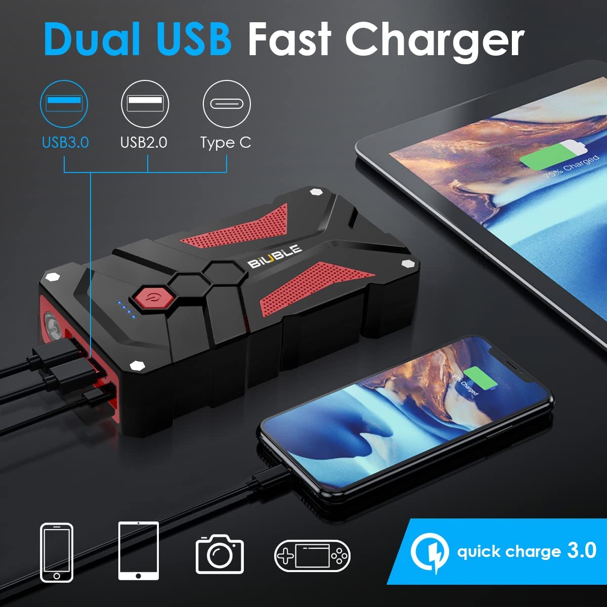 Starter auto, robot de pornire multifunctional 2000A, cu finctie de powerbank 21800 mAh 12V, cu lanterna LED si port USB, BiUBLE