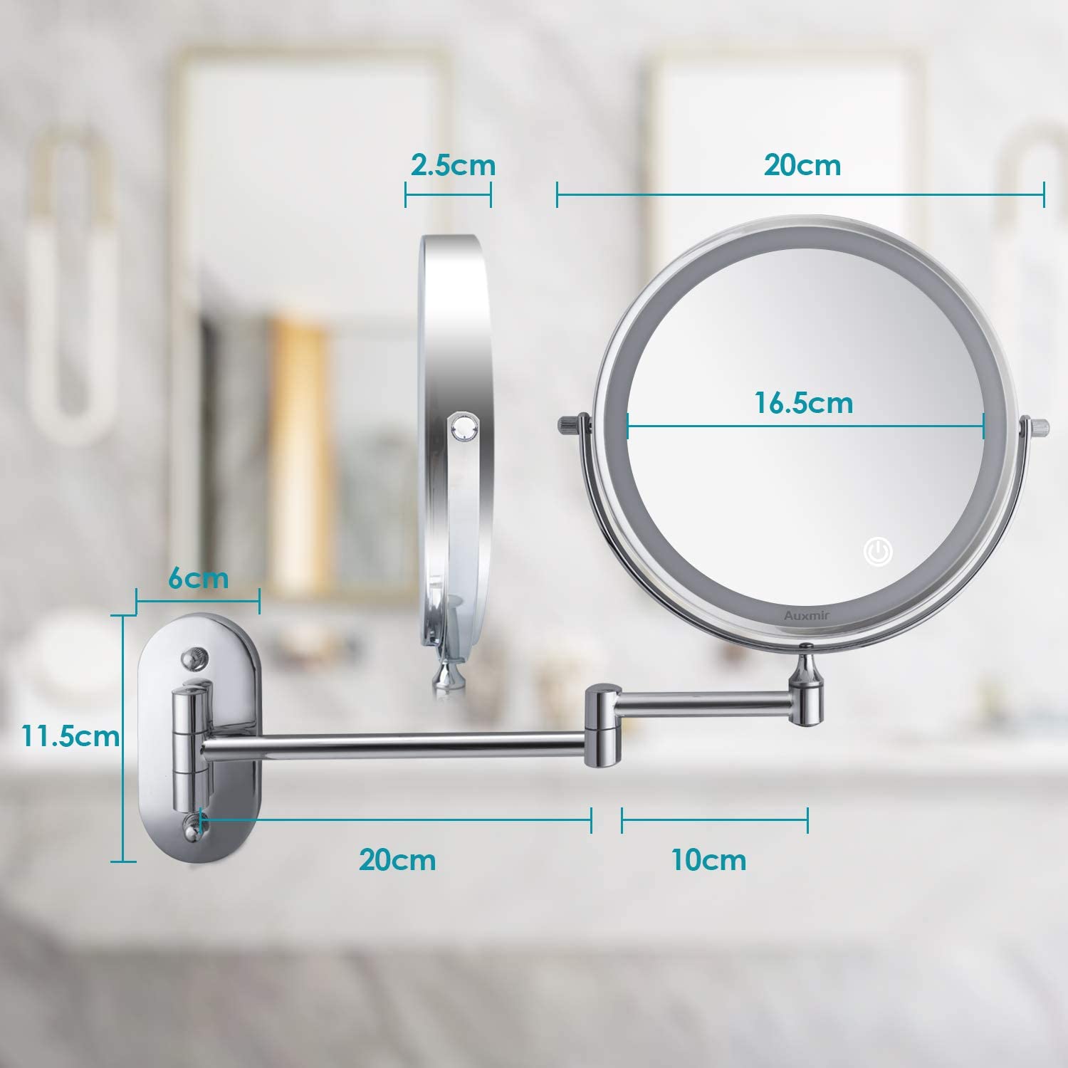 Oglinda cosmetica iluminata LED, 1X-5X, cu brat pliabil, fara fir, cu 4 baterii AAA, buton tactil, rotativa 360°, cu 2 fete
