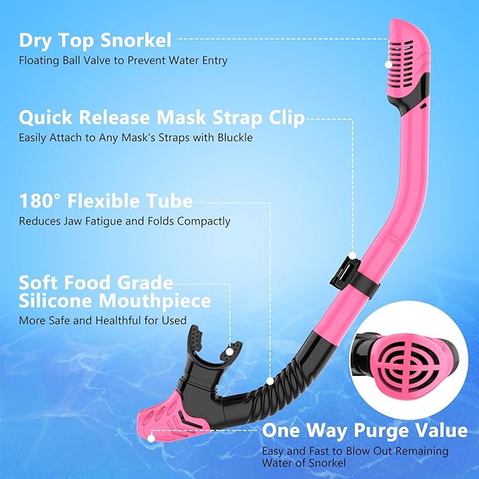 Set masca de snorkeling profesionala anti-ceata cu snorkel, cureaua reglabila, inchidere cu bila, sticla securizata, din silicon alimentar de inalta calitate, pentru barbati si femei, masca de scafandru pentru scufundari, negru/roz