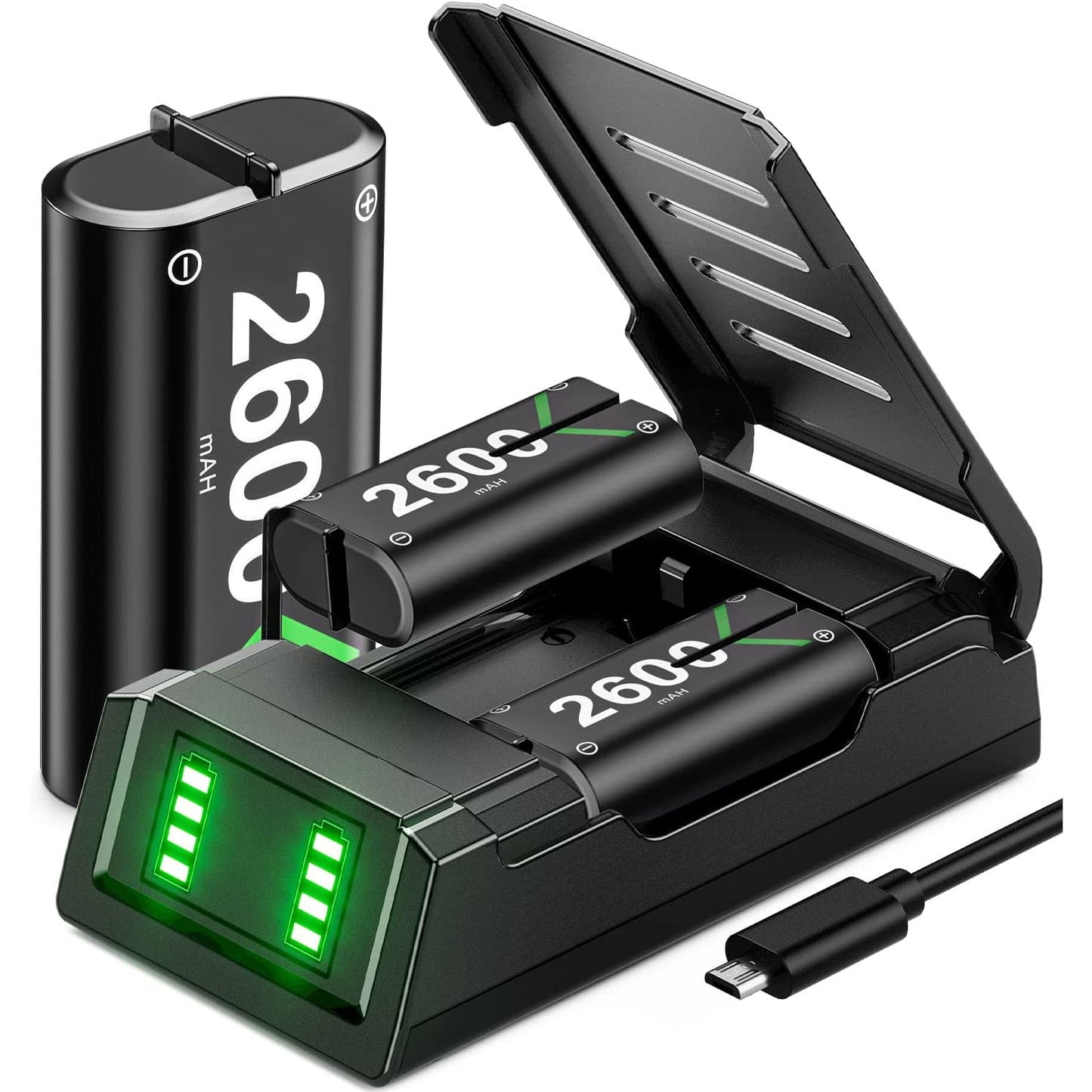 Set de 3 acumulatori 2600 mAh cu incarcator dublu cu functie incarcare rapida si afisaj LED, pentru controller Xbox One / Xbox One S / Xbox Series X / Elite / Xbox series S