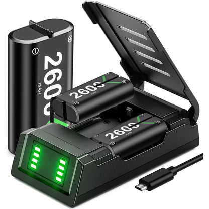 Set de 3 acumulatori 2600 mAh cu incarcator dublu cu functie incarcare rapida si afisaj LED, pentru controller Xbox One / Xbox One S / Xbox Series X / Elite / Xbox series S