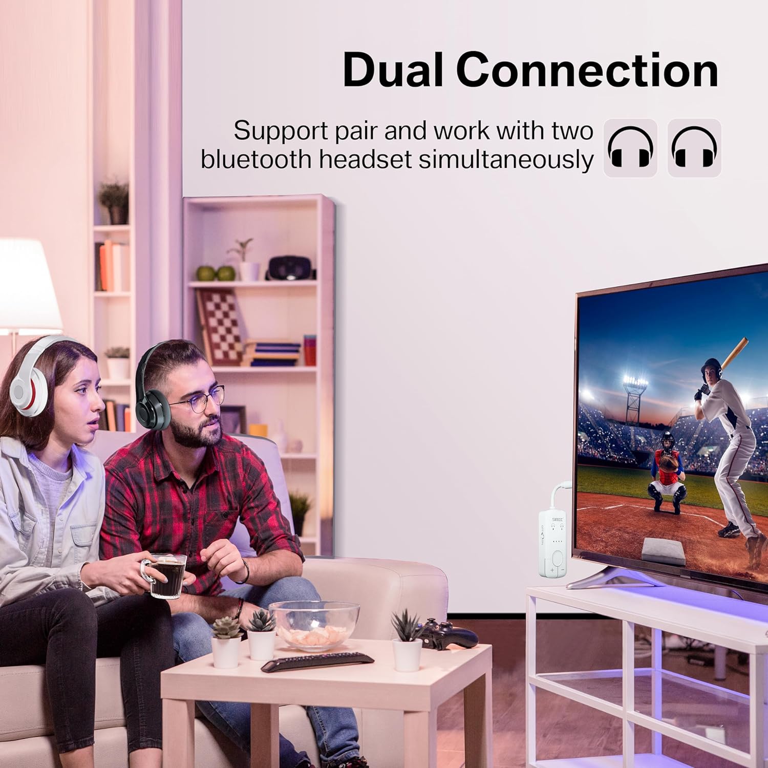 Adaptor transmitator Bluetooth, Dual Link, wireless, accepta 2 casti sau mufa AirPods, cu AUX 3.5 mm, latenta scazuta aptX, portabil, pentru TV, avion, masina