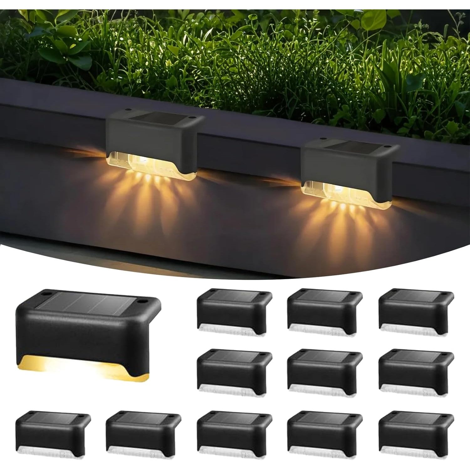Set 12 lampi solare LED pentru trepte si terasa, impermeabile IP65, lumina alb cald – Iluminat exterior cu incarcare solara automata, pentru scari, gard, curte, gradina, alee sau piscina, negru