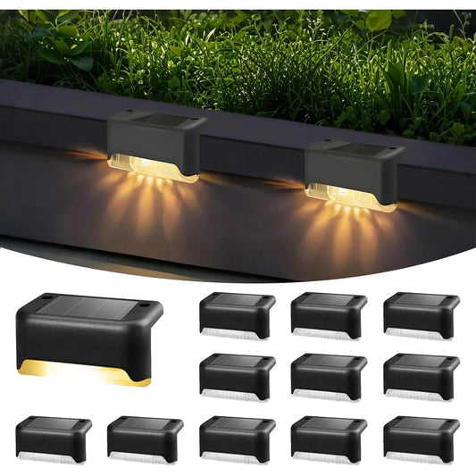 Set 12 lampi solare LED pentru trepte si terasa, impermeabile IP65, lumina alb cald – Iluminat exterior cu incarcare solara automata, pentru scari, gard, curte, gradina, alee sau piscina, negru