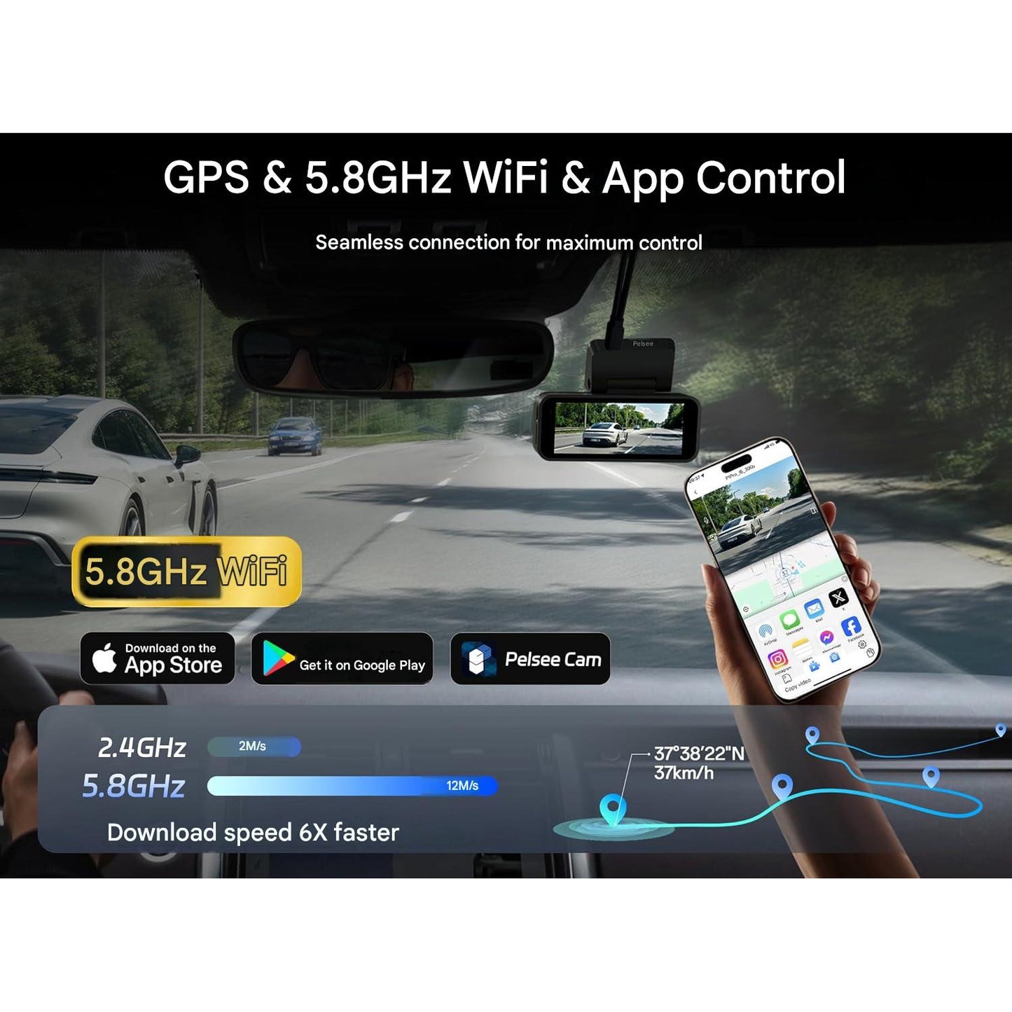 Camera auto Pelsee P1 Pro Dual 4K UHD Fata + 1080P spate, Sony STARVIS 2, unghi 170°, HDR/WDR, ADAS, senzor G, GPS integrat, WiFi Dual Band 2.4/5.8GHz, vedere nocturna color, monitorizare parcare 24H, ecran IPS 3.39”, card SD 64GB