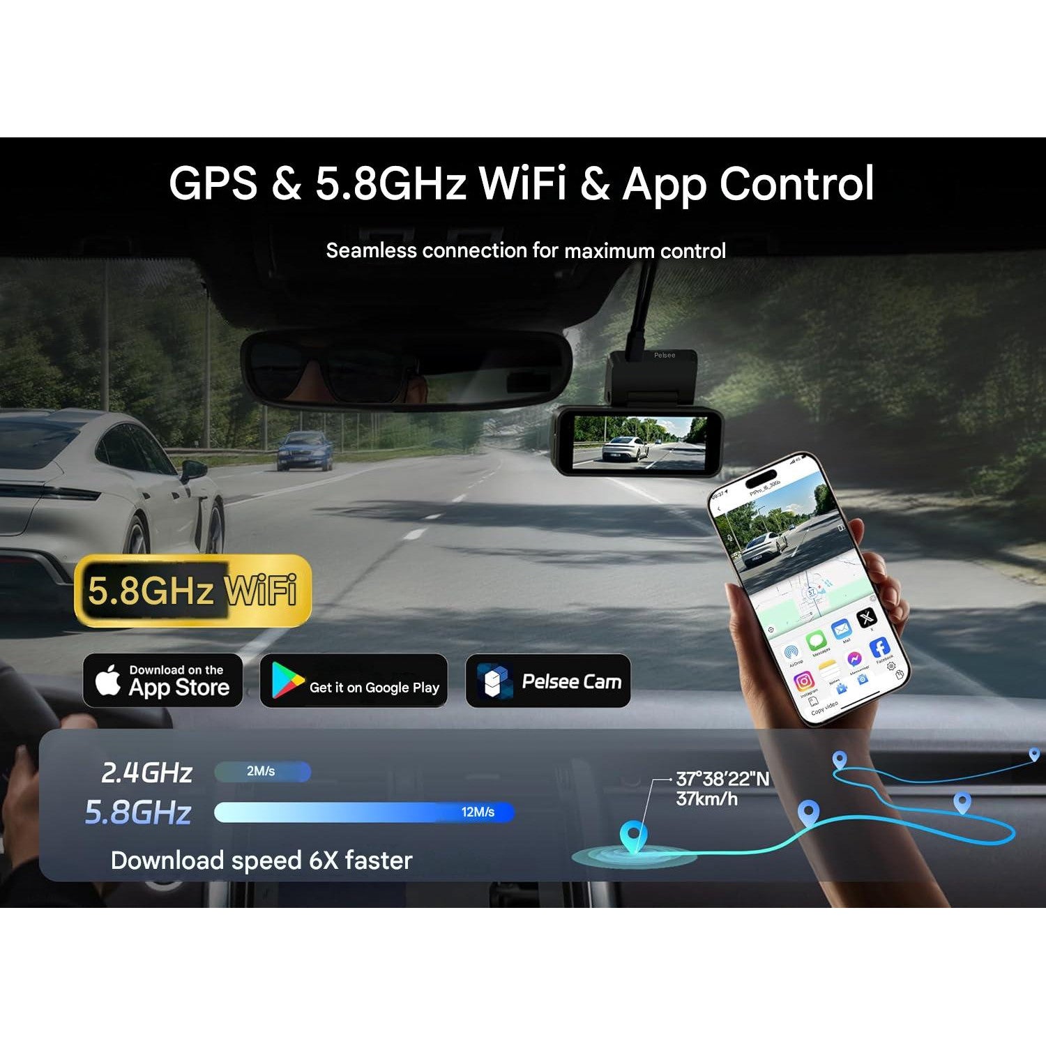 Camera auto Pelsee P1 Pro Dual 4K UHD Fata + 1080P spate, Sony STARVIS 2, unghi 170°, HDR/WDR, ADAS, senzor G, GPS integrat, WiFi Dual Band 2.4/5.8GHz, vedere nocturna color, monitorizare parcare 24H, ecran IPS 3.39”, card SD 64GB
