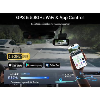 Camera auto Pelsee P1 Pro Dual 4K UHD Fata + 1080P spate, Sony STARVIS 2, unghi 170°, HDR/WDR, ADAS, senzor G, GPS integrat, WiFi Dual Band 2.4/5.8GHz, vedere nocturna color, monitorizare parcare 24H, ecran IPS 3.39”, card SD 64GB