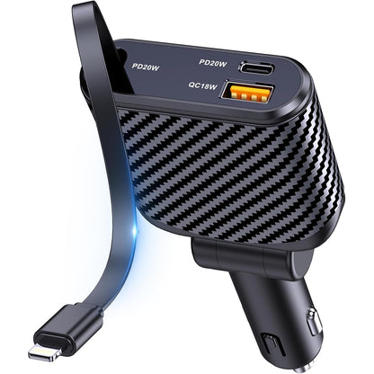 Incarcator auto 3 in 1 fast charge 58W cu cablu Lightning retractabil de 90 cm, port USB-C si port USB-A, iPhone 16, 15, 14, 13 Pro