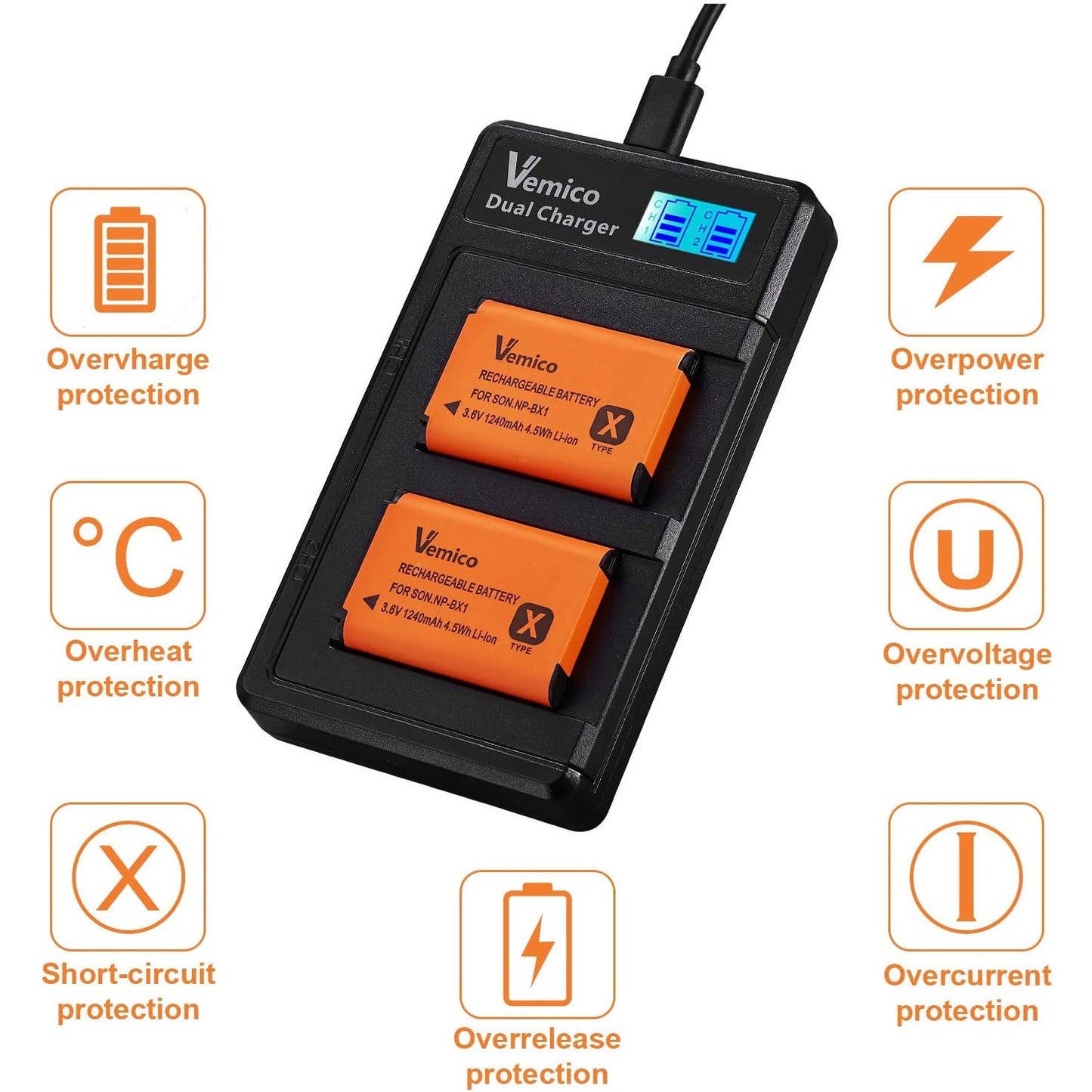 Set 3 acumulatori 1240 mAH NP-BX1, cu incarcator LCD dual pentru Sony NP-BX1 / M8 / RX100 / RX100 II / RX100M II / RX100 III / RX100 IV / RX100 VII