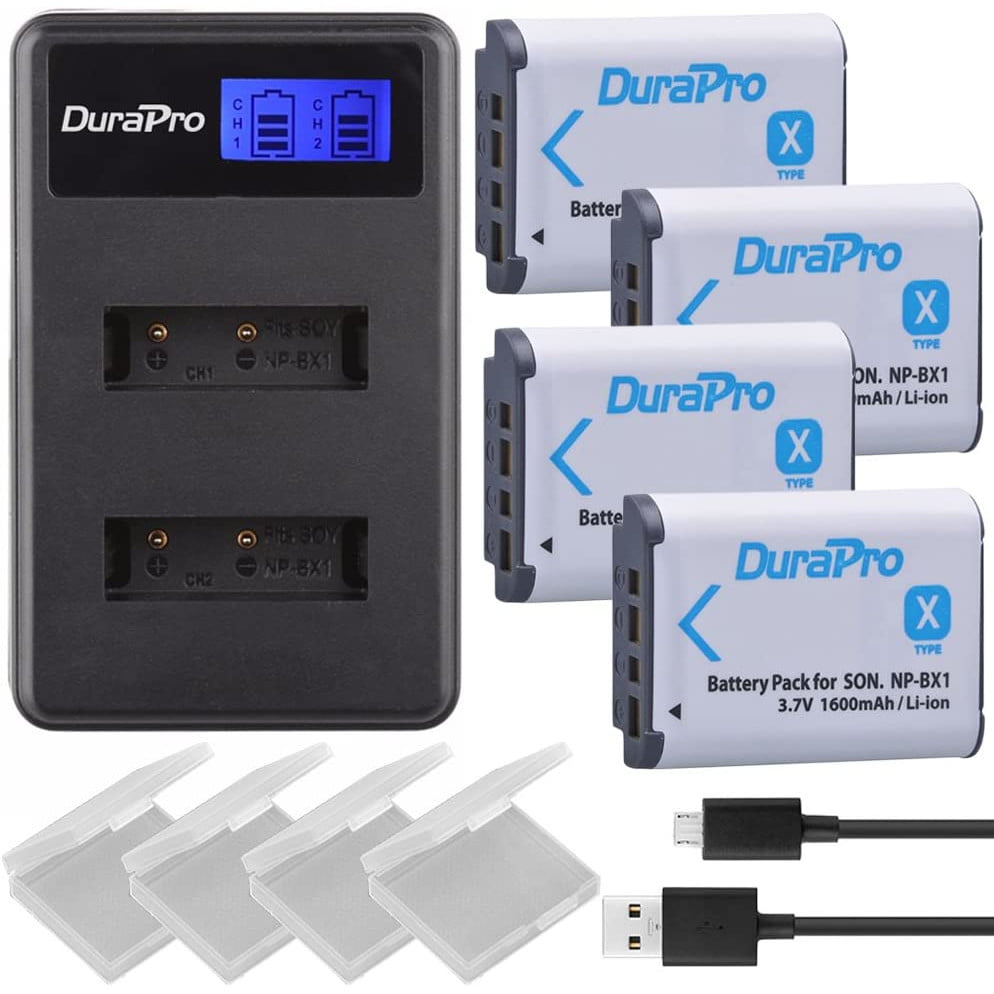 Set de 4 acumulatori NP-BX1 1600 mAh si incarcator USB dual cu afisaj LCD, pentru Sony NP-BX1 Sony DSC-RX100 RX100 II DSC-WX500 HX300 HX400V WX300 WX350 HDR AS100v AS200V AS15 AS3030V