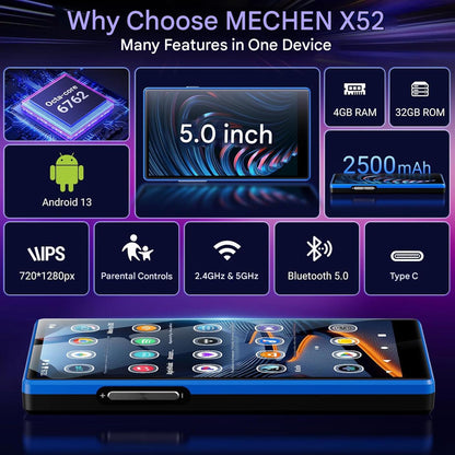 MP3 Player Android 160GB (32GB + 128GB), ecran de 5 inch HD, Android 13, 4GB RAM, Octa-Core, Bluetooth 5.0, WiFi Dual Band, Radio FM, mod copii, compatibil Spotify, Amazon Music, Deezer, Audible, baterie 2500mAh