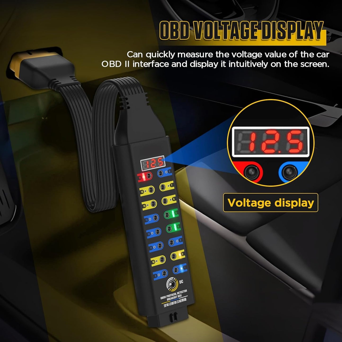 Detector protocol auto 16 pini Breakout Box OBD2, afisaj tensiune in timp real, cablu de 17, 7 inch, LED diagnostic, compatibil multimetru/osciloscop, instrument testare si diagnosticare auto OBDII
