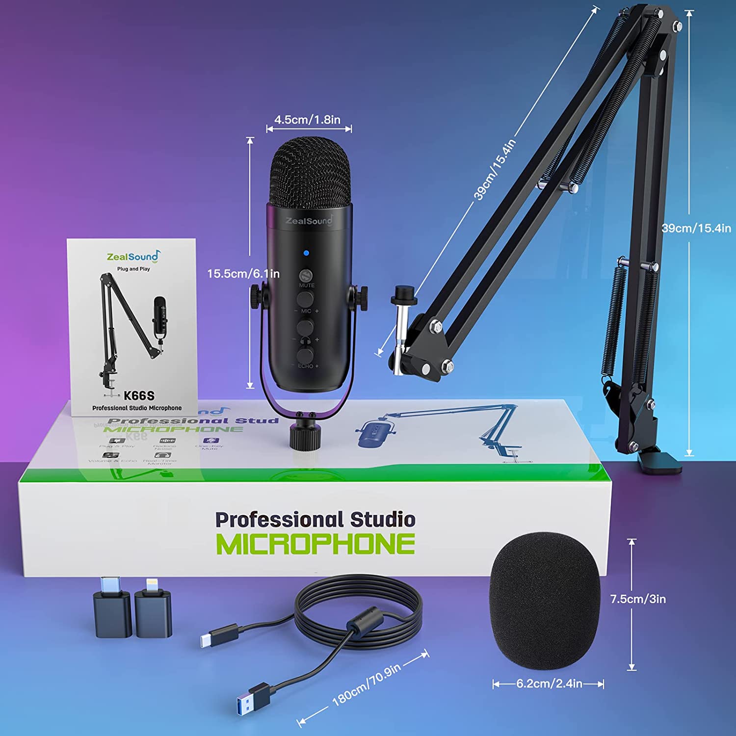 Set microfon condensator USB cu brat cu menghina, Profesional, Plug and Play, cardioid, butoane mute, control volum, control eco, compatibil PC, Smartphone, PS4, PS5, Tableta
