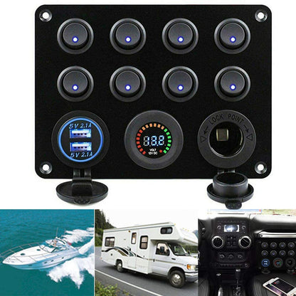 Panou cu voltmetru si 8 intrerupatoare , priza cu 2 USB , butoane luminoase , priza auto 12 V 24V , pentru masina , camion , barca , rulota , iaht