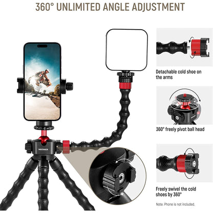Trepied flexibil cu 2 brate detasabile cu montura cold shoe, cu telecomanda, montura cap rotativ tip bila, sarcina maxima 2 kg, pentru smartphone, video streaming, vlog, inregistrare