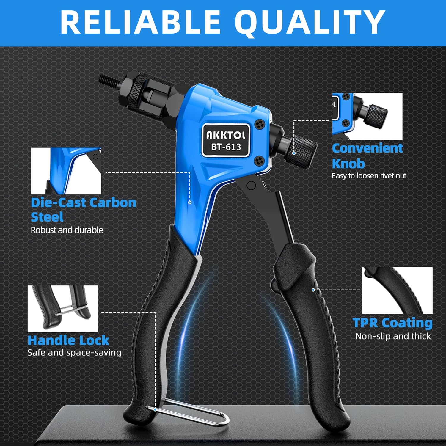 Cleste pentru piulite nituitoare AKKTOL, set complet pentru nituri filetate, 4 dornuri M3/M4/M5/M6 si 100 piulite incluse, cleste din otel aliat cu maner ergonomic antialunecare, geanta transport, pentru metal, tabla, mobilier si bricolaj