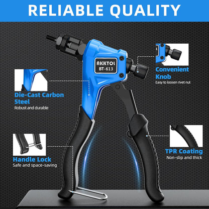 Cleste pentru piulite nituitoare AKKTOL, set complet pentru nituri filetate, 4 dornuri M3/M4/M5/M6 si 100 piulite incluse, cleste din otel aliat cu maner ergonomic antialunecare, geanta transport, pentru metal, tabla, mobilier si bricolaj