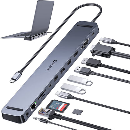 Hub USB C 11 in 1, Docking Station cu port USB C PD 100W, HDMI 4K si VGA Full HD, 3 porturi USB 3.0, port Ethernet, cititor de carduri SD/TF, AUX 3.5 mm, design anti-alunecare