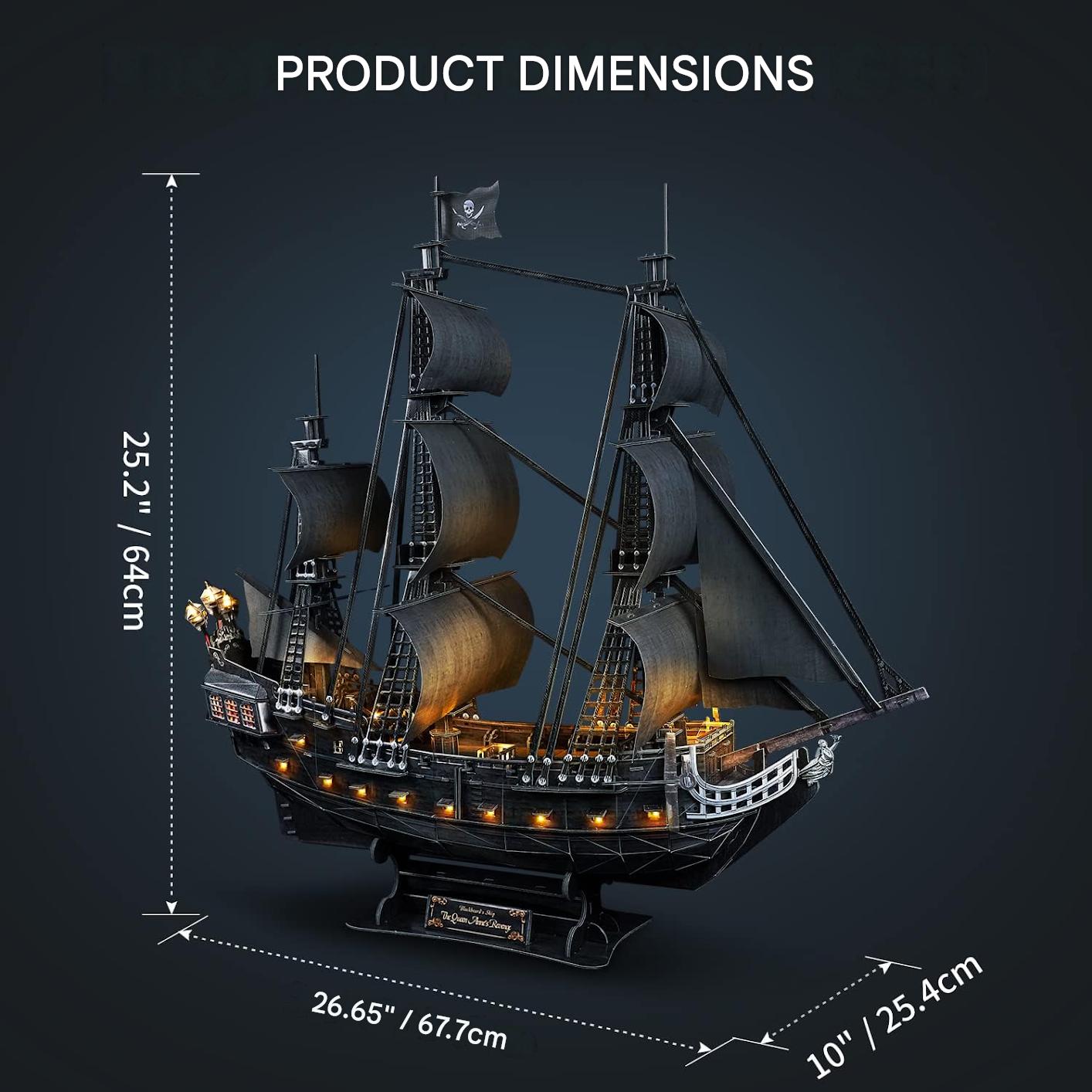 Puzzle 3D LED corabia perla neagra, 340 piese, model nava pirati de colectie, iluminare LED cu 15 lumini, dimensiuni 68 x 25 x 64 cm, montaj fara lipici si unelte, constructie EPS, cadou pentru adulti, adolescenti si colectionari, 14+ ani