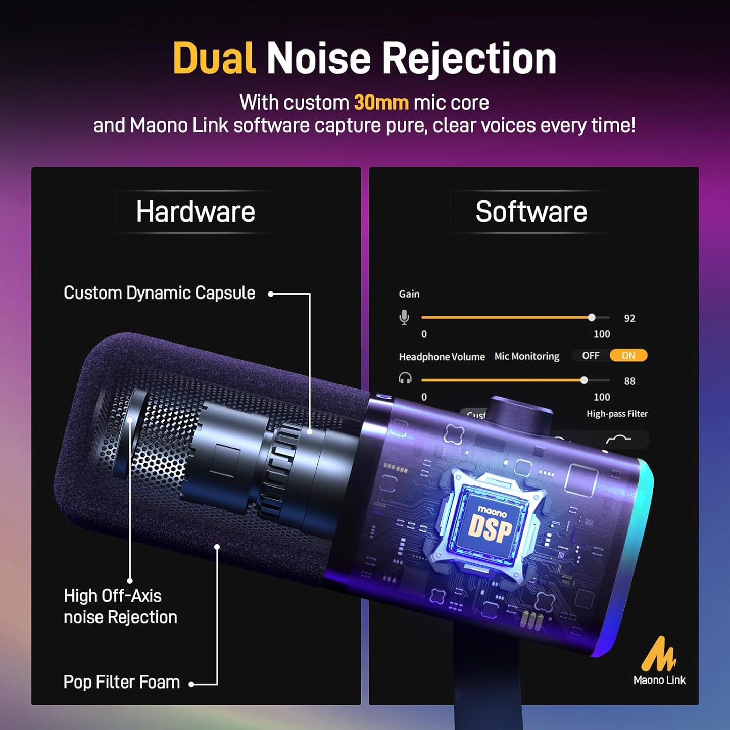 Microfon de gaming MAONO PD100X XLR/USB, dinamic cu anulare dubla a zgomotului, iluminare RGB, buton mute si software, pentru streaming, podcast, studio, compatibil PC, PS4/PS5, Mac, negru