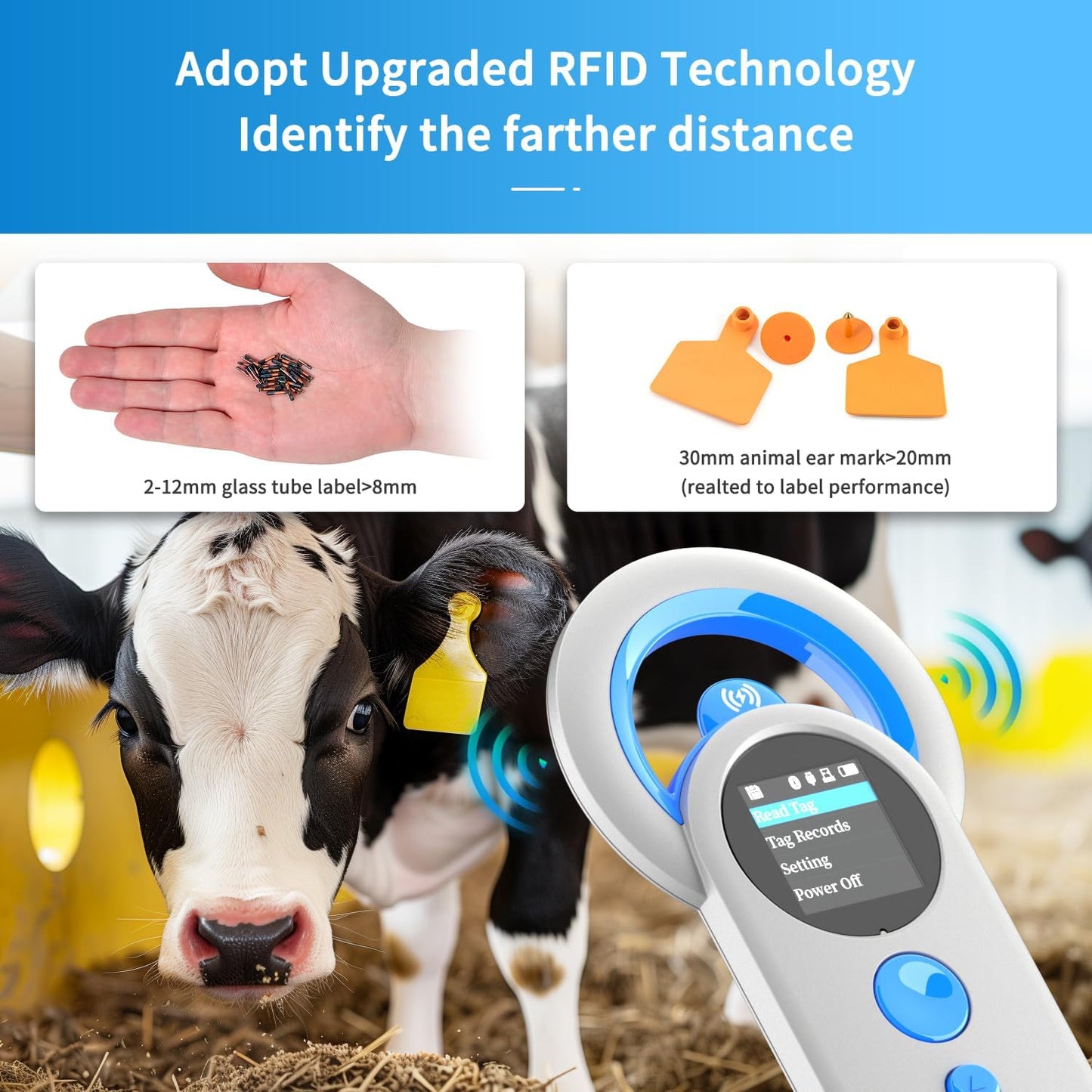 Cititor cipuri animale Bluetooth portabil, suporta tehnologie ISO 11784/11785, FDX-B si ID64 RFID, reincarcabil cu acumulator 1200 mAh, cu stocare date, scaner RFID pentru caini, pisici si crotalii ureche