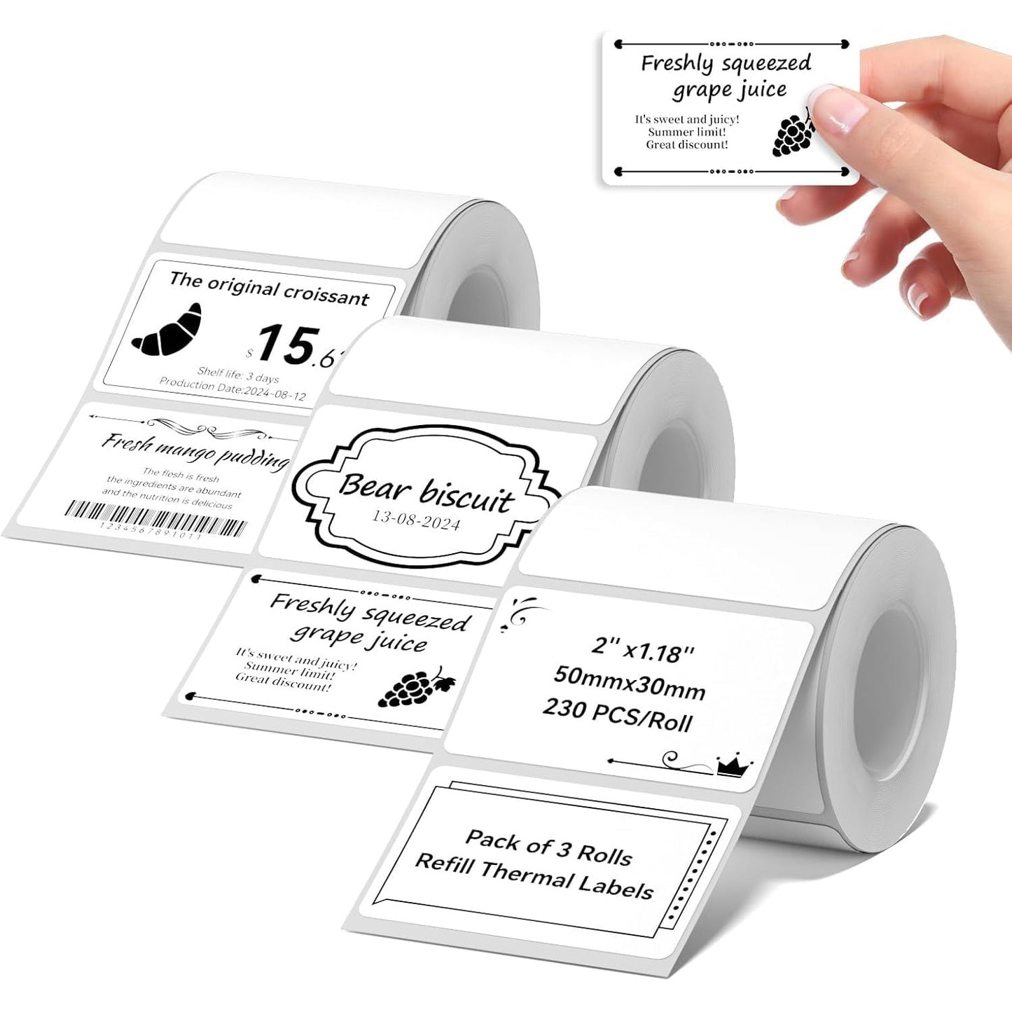 Set 3 role etichete termice 50x30 mm compatibile cu imprimantele NIIMBOT B1/B21/B3S, 230 etichete/rola, autoadezive, imprimare direct termica, rezistente la apa si ulei, fara BPA, alb
