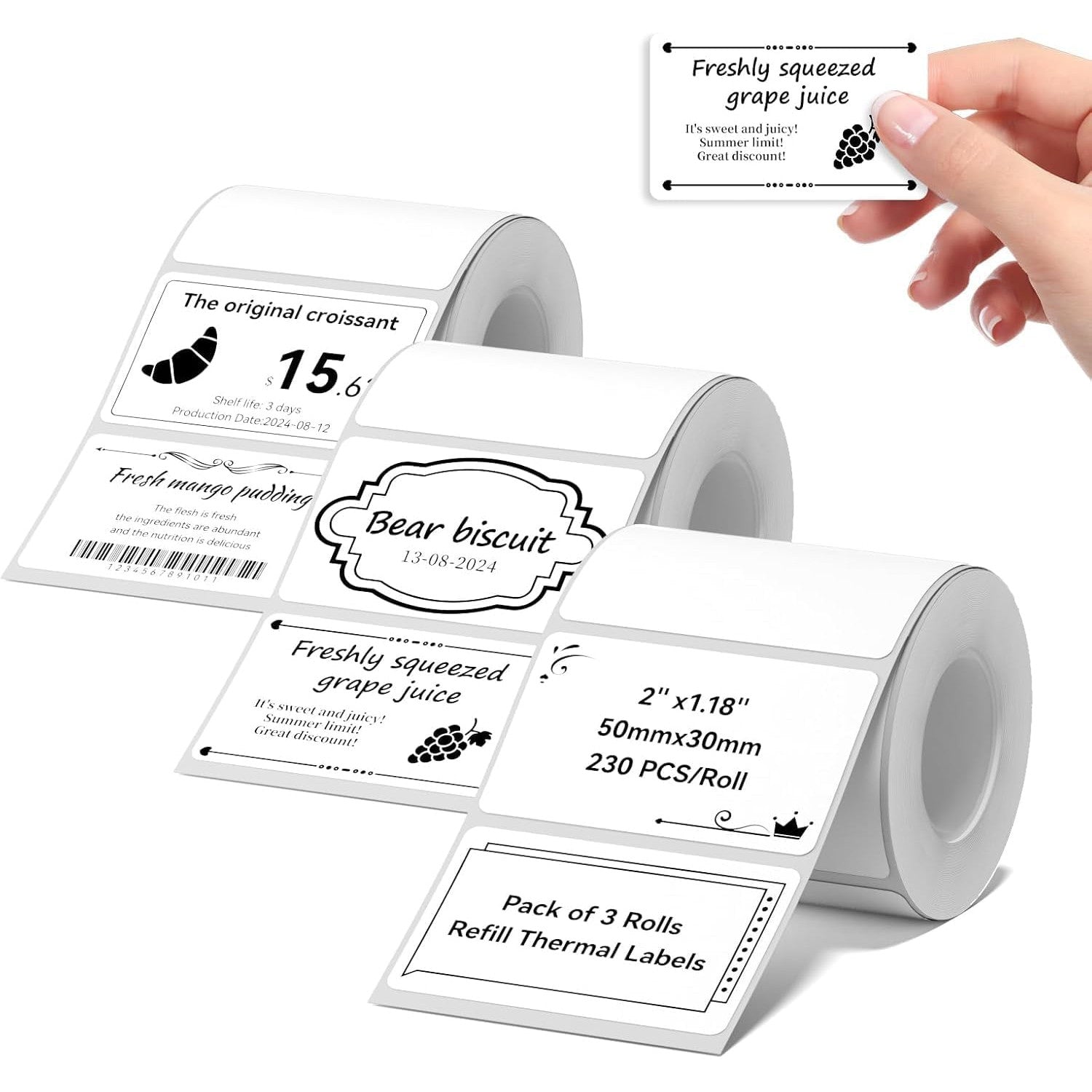 Set 3 role etichete termice 50x30 mm compatibile cu imprimantele NIIMBOT B1/B21/B3S, 230 etichete/rola, autoadezive, imprimare direct termica, rezistente la apa si ulei, fara BPA, alb