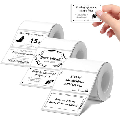 Set 3 role etichete termice 50x30 mm compatibile cu imprimantele NIIMBOT B1/B21/B3S, 230 etichete/rola, autoadezive, imprimare direct termica, rezistente la apa si ulei, fara BPA, alb