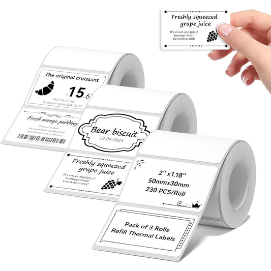 Set 3 role etichete termice 50x30 mm compatibile cu imprimantele NIIMBOT B1/B21/B3S, 230 etichete/rola, autoadezive, imprimare direct termica, rezistente la apa si ulei, fara BPA, alb