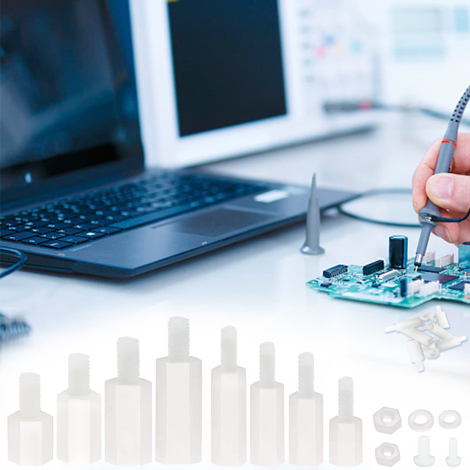 Set distantiere M2.5 M3 hexagonale mama-tata, pentru placa PCB, din Nylon, cu piulite si saibe din plasitc, albe