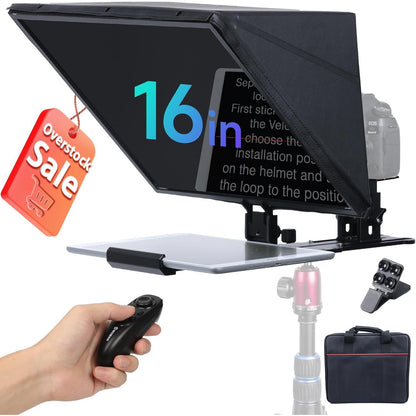 Kit teleprompter de 16 inch, Moman MT16, pentru camere DSLR, cu telecomanda, compatibil cu iPad, tableta, smartphone cu aplicatie, din metal, cu montura 1/4 inch si geanta de depozitare si transport