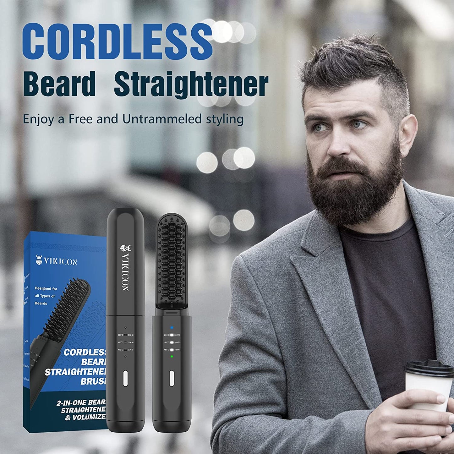 Perie electrica pentru barba si indreptat parul fara fir, cu incalzire rapida, 2 in 1 pentru barba si pieptene de par, reglabila pana la 200 ° C, pentru barbati si femei