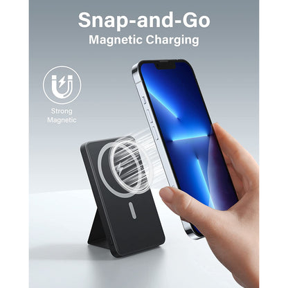 Incarcator wireless magnetic MagSafe, 5000 mAh, Power Bank cu suport pliabil, baterie externa compatibil cu iPhone 12/13/14 Plus/Mini/Pro/Pro Max, negru