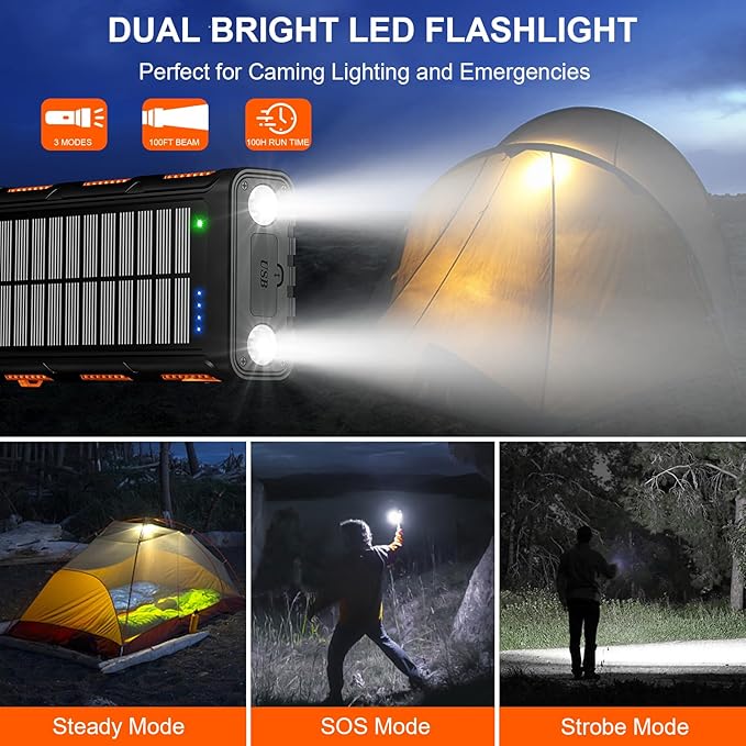 Baterie externa wireless solara, 26800 mAh, Power Bank cu incarcare wireless QI, cu manivela si 4 cabluri, lanterna 3 moduri LED, busola incorporata, carabina, baterie externa pentru camping si drumetii