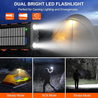 Baterie externa wireless solara, 26800 mAh, Power Bank cu incarcare wireless QI, cu manivela si 4 cabluri, lanterna 3 moduri LED, busola incorporata, carabina, baterie externa pentru camping si drumetii