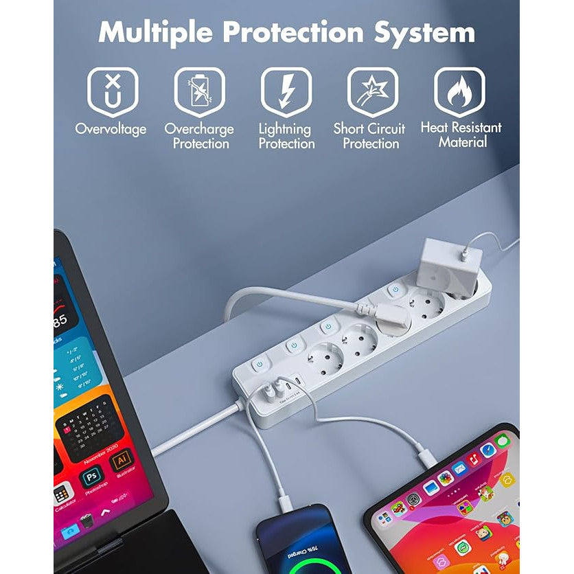 Prelungitor pentru perete/podea, 5 prize cu intrerupator individual, 2 porturi USB-C, 2 port USB-A, cu prindere pentru perete, 4 picioare silicon, cablu de 2 m, protectie la supratensiune, material ignifug, alb