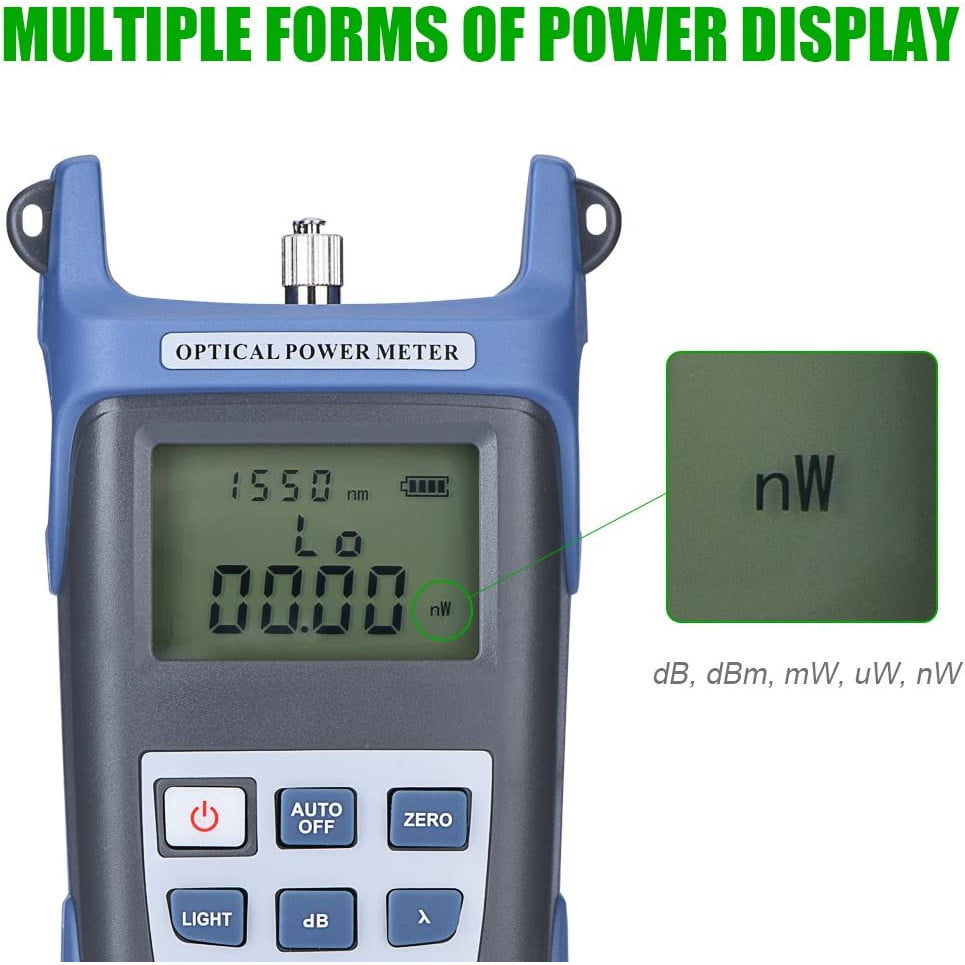 Tester cablu fibra optica, powermetru digital de inalta precizie, de la -70dBm la 10dBm, lungime de unda 850-1625 nm, indicator de putere dB, dBm, mW, uW, nW