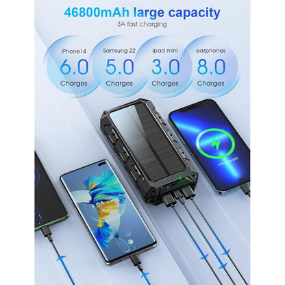 Baterie externa solara 49.920 mAh, Powerbank cu incarcare wireless, cablu USB-C, Lightning si Mini-USB incorporat, cu 2 intrari si 7 iesiri, lanterna LED, impermeabila si rezistenta la socuri