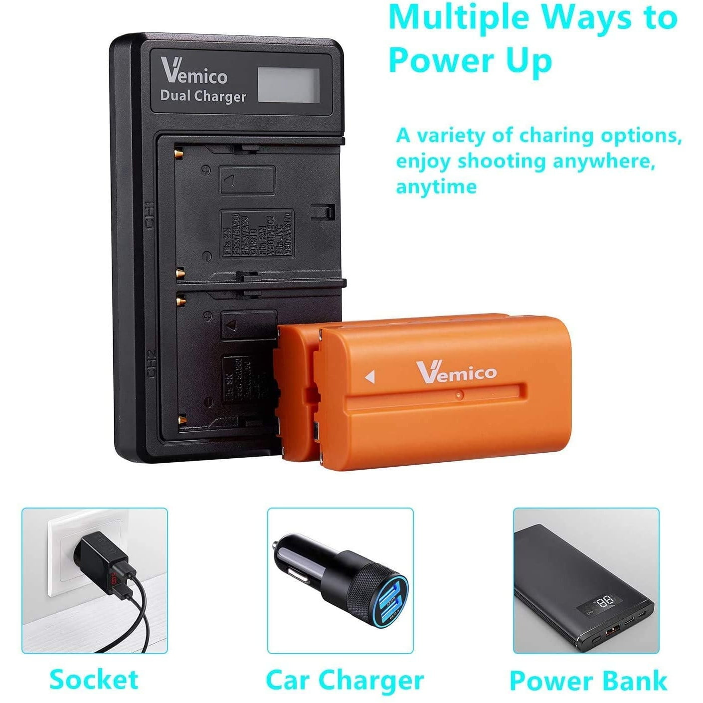 Set 2 acumulatori si incarcator cu LCD Vemico, NP-F550 3000 mAh , cablu USB tip C, baterie de schimb pentru camera NP F970 / F960 / F770 / F750 / F570 / F550 / F530 / F330 / CCD-SC55 / TR516 / TR716 / TR818 / TR910 / TR917 / TR940